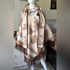 Vintage Poncho Fringed Adjustable Lace Up Custom HandCrafted Wool & Alpaca  O/S